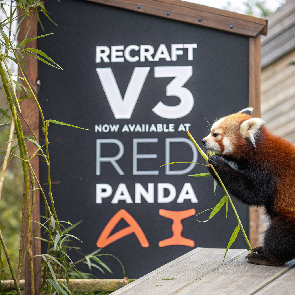 AI generated image by Red Panda AI: a red panda eating a bamboo in front of a poster that says "recraft V3 now available at red panda ai
