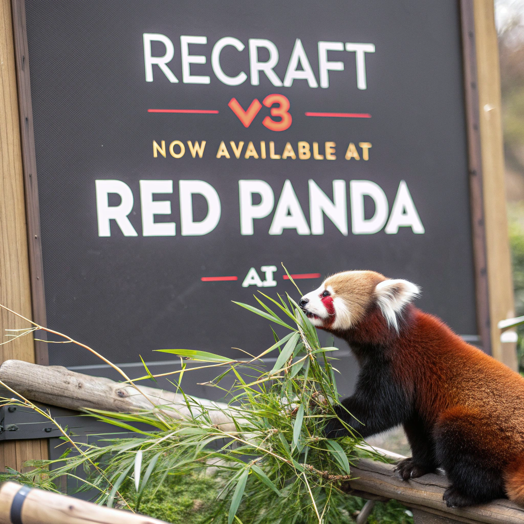 AI generated image by Red Panda AI: a red panda eating a bamboo in front of a poster that says "recraft V3 now available at red panda ai