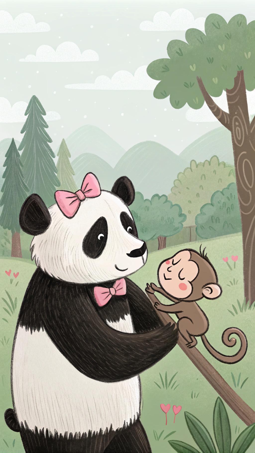 AI generated image by Red Panda AI: UN PANDITA CON UN MOÑITO ROSA Y UN MONITO AGARRADOS DE LA MANO TIERNOS