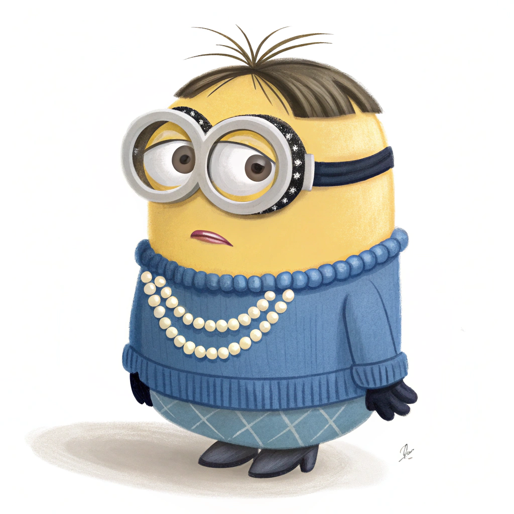 AI generated image by Red Panda AI: Illustration de minion avec un collier de perle un eye liner et une frange et un pull bleu
