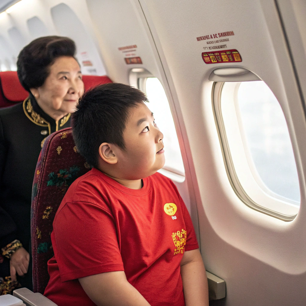 AI generated image by Red Panda AI: Ad for Iberia plane. Put a fat Chinese 12 years old boy watching out of the window of the plane. He has a red t shirt. He is with his grandma who has a Chinese dark traditional outfit.