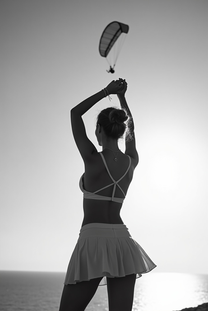 AI generated image by FLUX.1: Black and white photo of naked back woman in short skirt from behind swinging her bra overhead . a paraglider flying above her on background in the Sky. Backlight