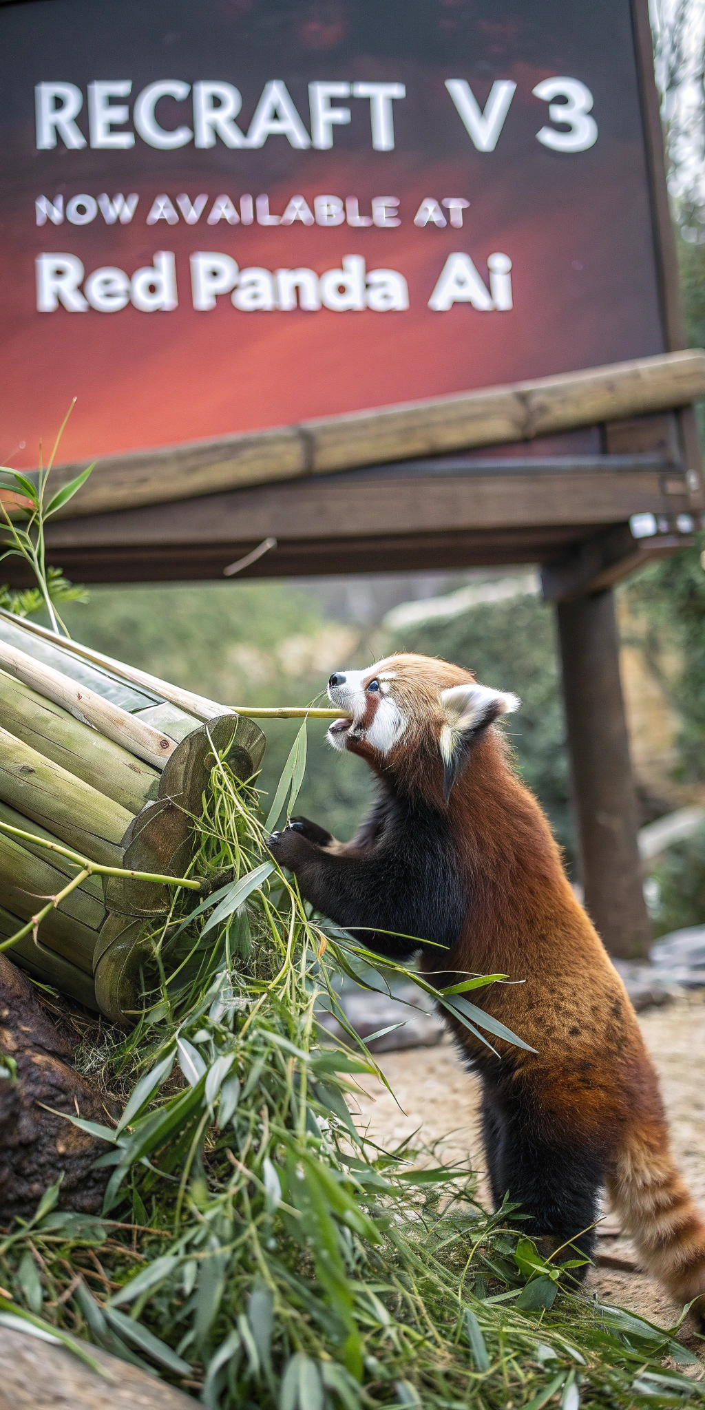 AI generated image by Red Panda AI: a red panda eating a bamboo in front of a poster that says "recraft V3 now available at red panda ai