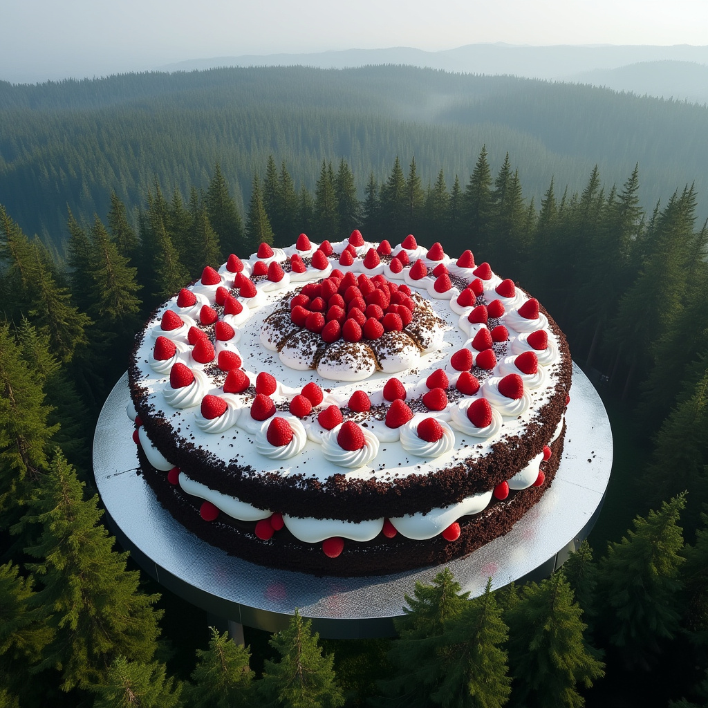 AI generated image by FLUX.1-pro: The world's largest black forest cake, the size of a building, surrounded by trees of the black forest