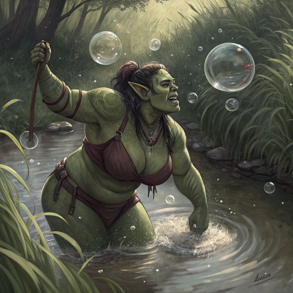 AI generated image by Red Panda AI: A large and muscular green skinned orc woman woman farts while bathing in a swamp pond, causing several large bubbles to float on the ponds surface directly behind her. Overhead view. 