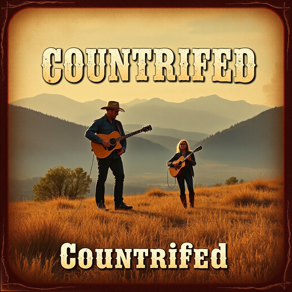 AI generated image by FLUX.1-schnell: Create an Album Cover with the song title and band name on the cover:  Band name is BNK. Country-Rock band.  Song title is Countrified.  The song is about the singer's love of growing up in the country, the open land, rivers, streams, lakes, mountain views...