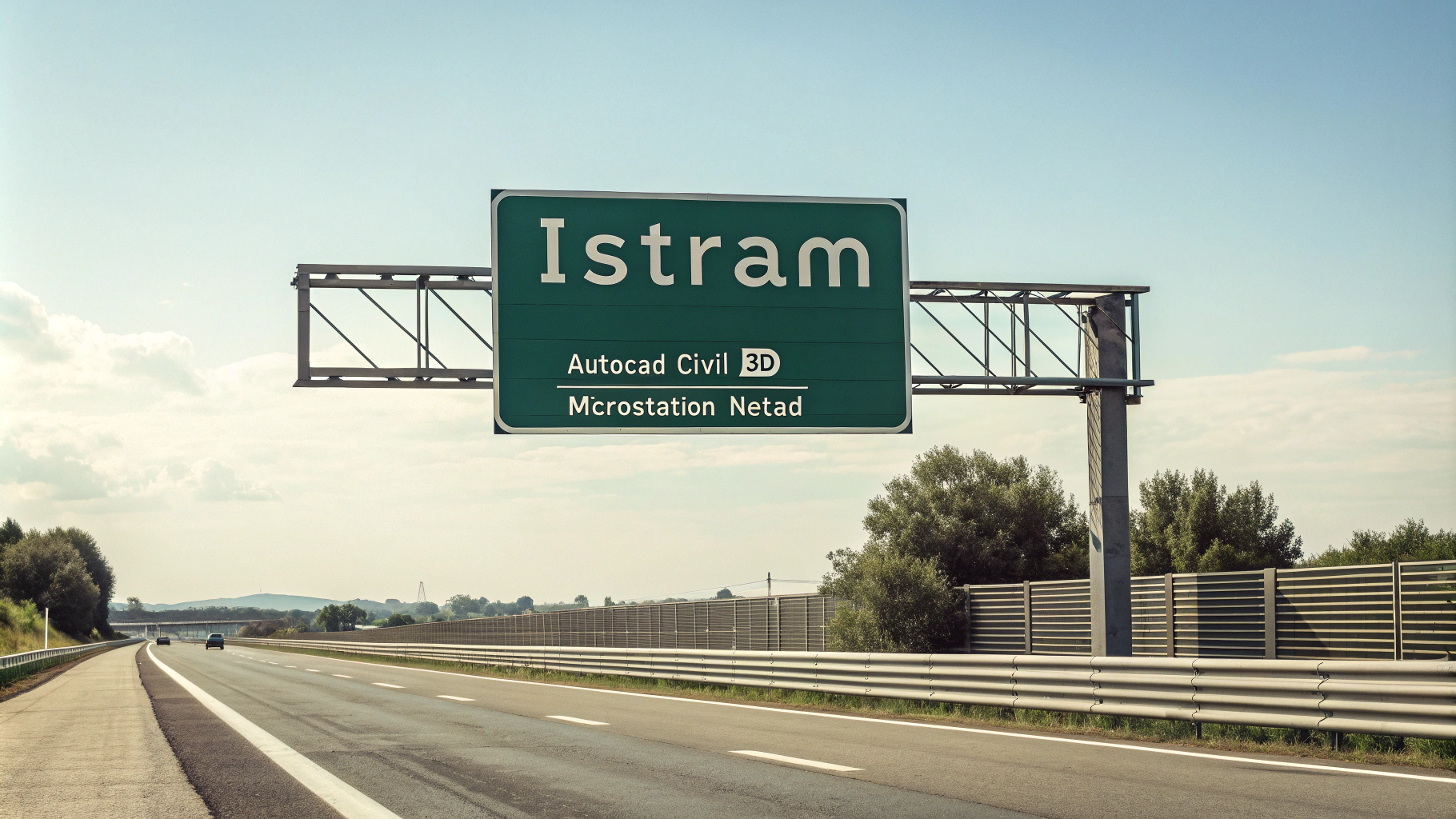 AI generated image by Red Panda AI: High-resolution image of a highway sign with the text “istram” in a different font. “Below the text 'istram' there are other texts: 'Autocad Civil 3D', 'Microstation' and 'Netcad'. The background is a light blue sky with a few white clouds. The sign is placed on the side of a highway.