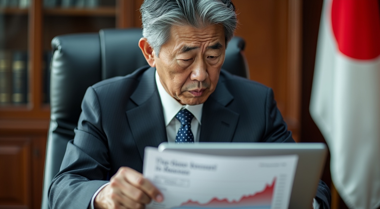 AI generated image by FLUX.1-pro: A Japanese politician in a suit and tie, gray hair, with a worried expression, analyzing economic crisis graphs on a laptop. The setting is a formal office, with a Japanese flag in the background. Photo realistic, -air 16:9