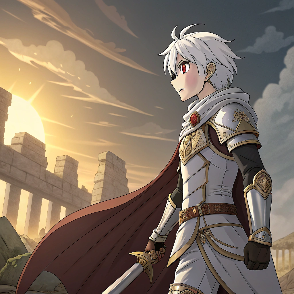 AI generated image by Red Panda AI: "Un joven guerrero de anime con cabello blanco y ojos rojos, inspirado en Bell Cranel del anime DanMachi, aparece vestido con un traje de héroe legendario. Lleva una capa larga ondeando al viento, una armadura ligera de color plateado con detalles dorados, guantes de cuero y una espada brillante enfundada a su lado. Su expresión es decidida y valiente. Fondo con un cielo épico y ruinas antiguas iluminadas por luz dorada. Estilo anime detallado, iluminación dramática, enfoque heroico."