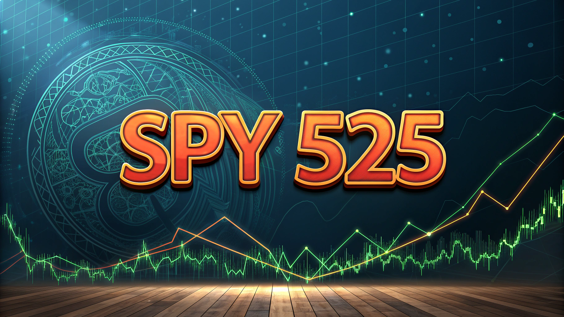 AI generated image by Red Panda AI: "SPY 525", the TEXT "SPY 525" as glorious, magical, fantastic, fantasy, bold, strong, fractal, futuristic, high definition, 8k, stock market, stock charts moving up in the background
