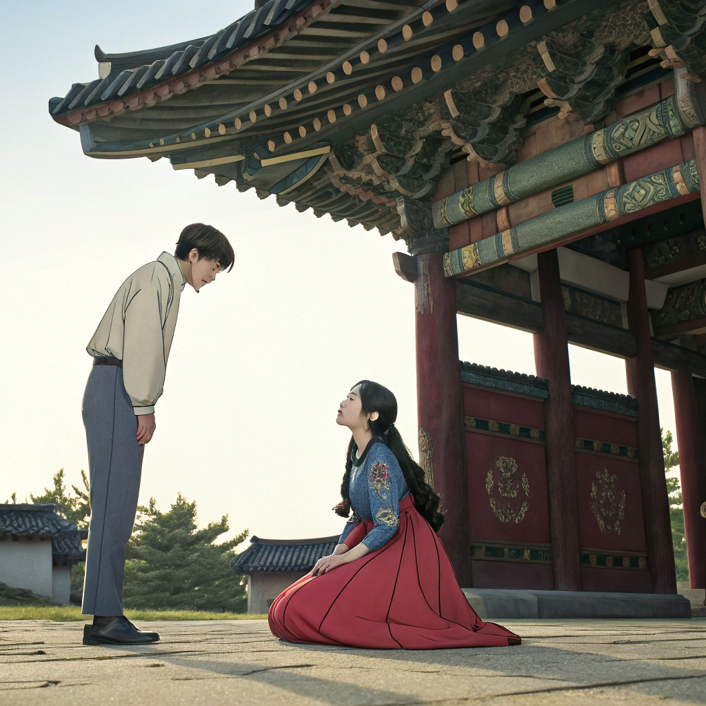 AI generated image by Red Panda AI: STUDIO GHIBLI FANTASY IMAGE: A stunning, pivotal moment of first contact. The colossal, beautiful Asian woman, Joomi Ma (14 feet tall, mid-30s, one blue and one brown eye, long black hair cascading to her knees) kneels gracefully just inside a majestic, weathered Hongsalmun (traditional Korean gate). She wears a stylish, modern Hanbok and smiles with a radiant, friendly expression, meeting the eye level of the standing man, Adam Sharpe.

Adam (average build, blonde, blue eyes, 5 
′
 10") is dressed sharply in tailored slacks, a collared shirt, and a vest. He is frozen in a posture of utter awe and wonder, his face bright and visibly blushing with a wide, incredulous smile. The path leads to an elegant Hanok in the distance. Focused, shallow depth of field, dramatic golden hour lighting, 8K, hyper-detailed, epic scale, volumetric light, fantasy art.