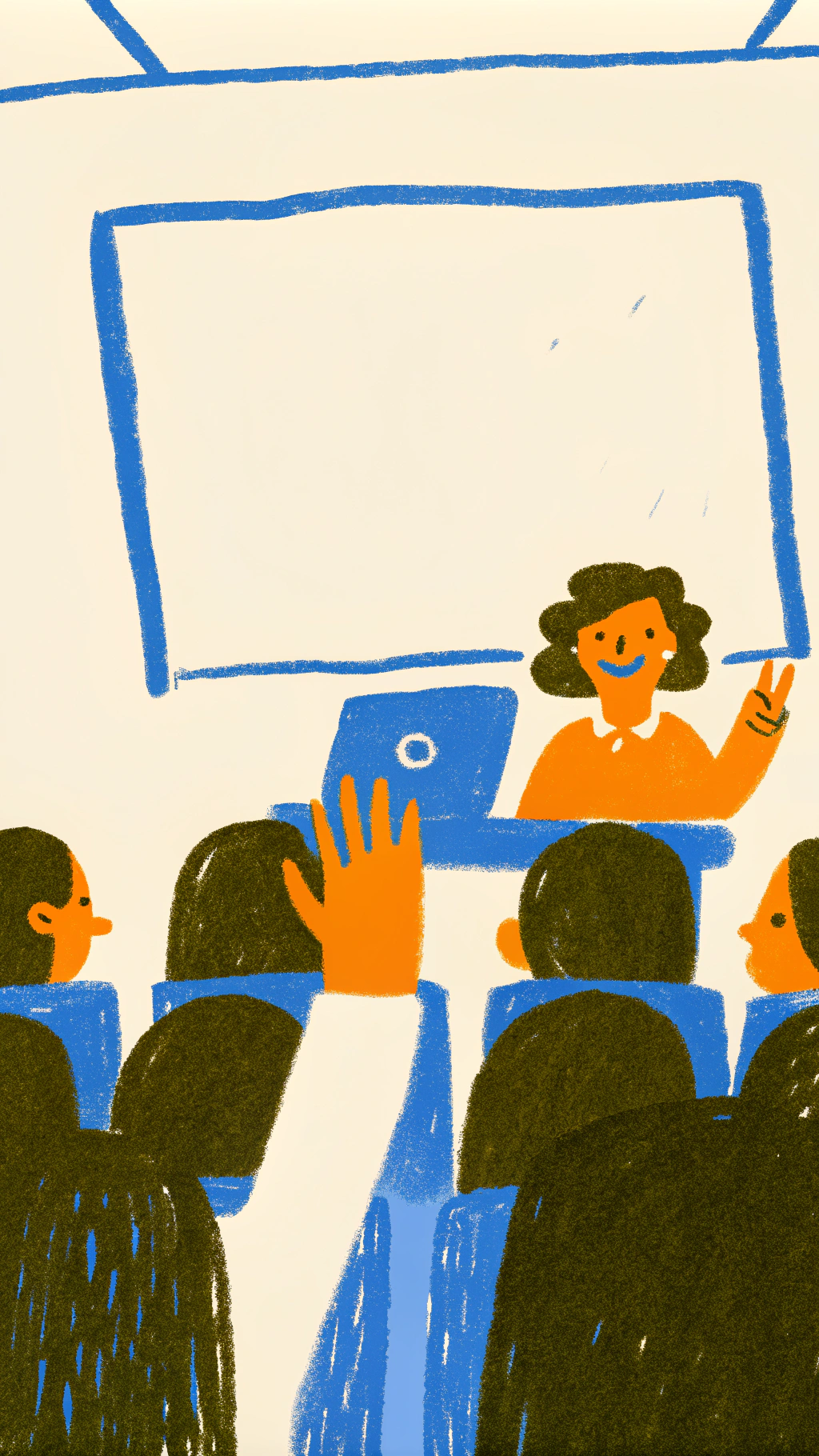 AI generated image by Red Panda AI: modern pupils in classroom are raising two fingers, interesting class atmosphere, happy teacher, modern school, 