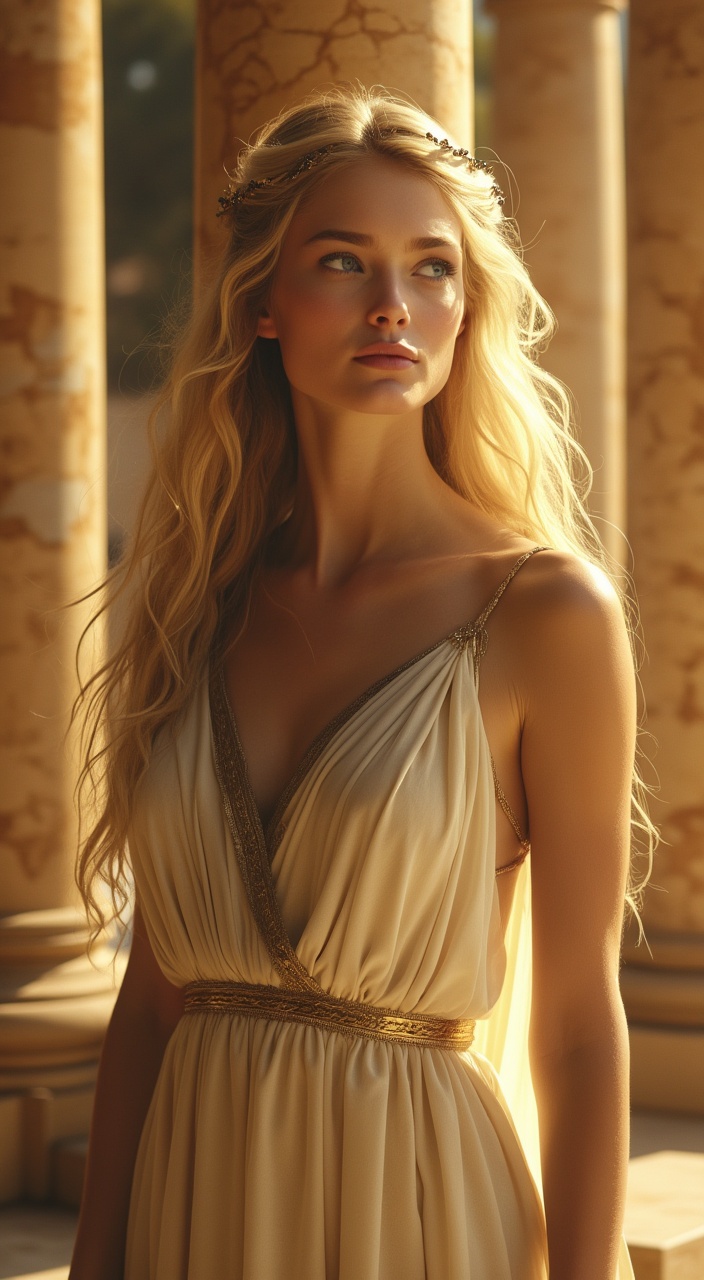 AI generated image by FLUX.1-pro: In an ancient Greek palace bathed in golden sunlight, Helen of Troy stands as the embodiment of unparalleled beauty. She has long, flowing golden-blonde hair cascading over her shoulders, luminous blue eyes that hold both sorrow and allure, and flawless, porcelain skin. Draped in an elegant white and gold gown that shimmers in the soft breeze, she radiates an almost divine presence. The marble columns and flowing silk curtains of the palace frame her as she gazes toward the horizon, where the fate of Troy is sealed by her very existence. A soft glow surrounds her, emphasizing her ethereal beauty—both a blessing and a curse in the grand scheme of destiny."