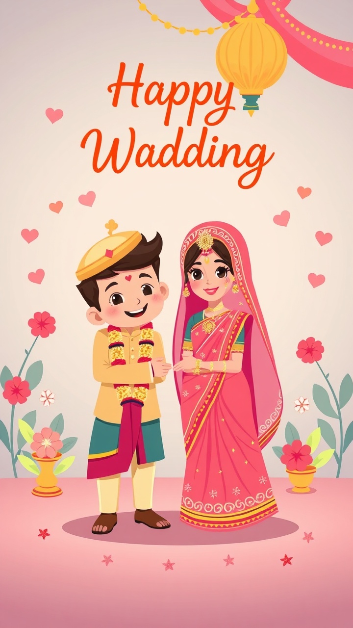 AI generated image by FLUX.1-schnell: Cartoon indian wedding happy background in vector form