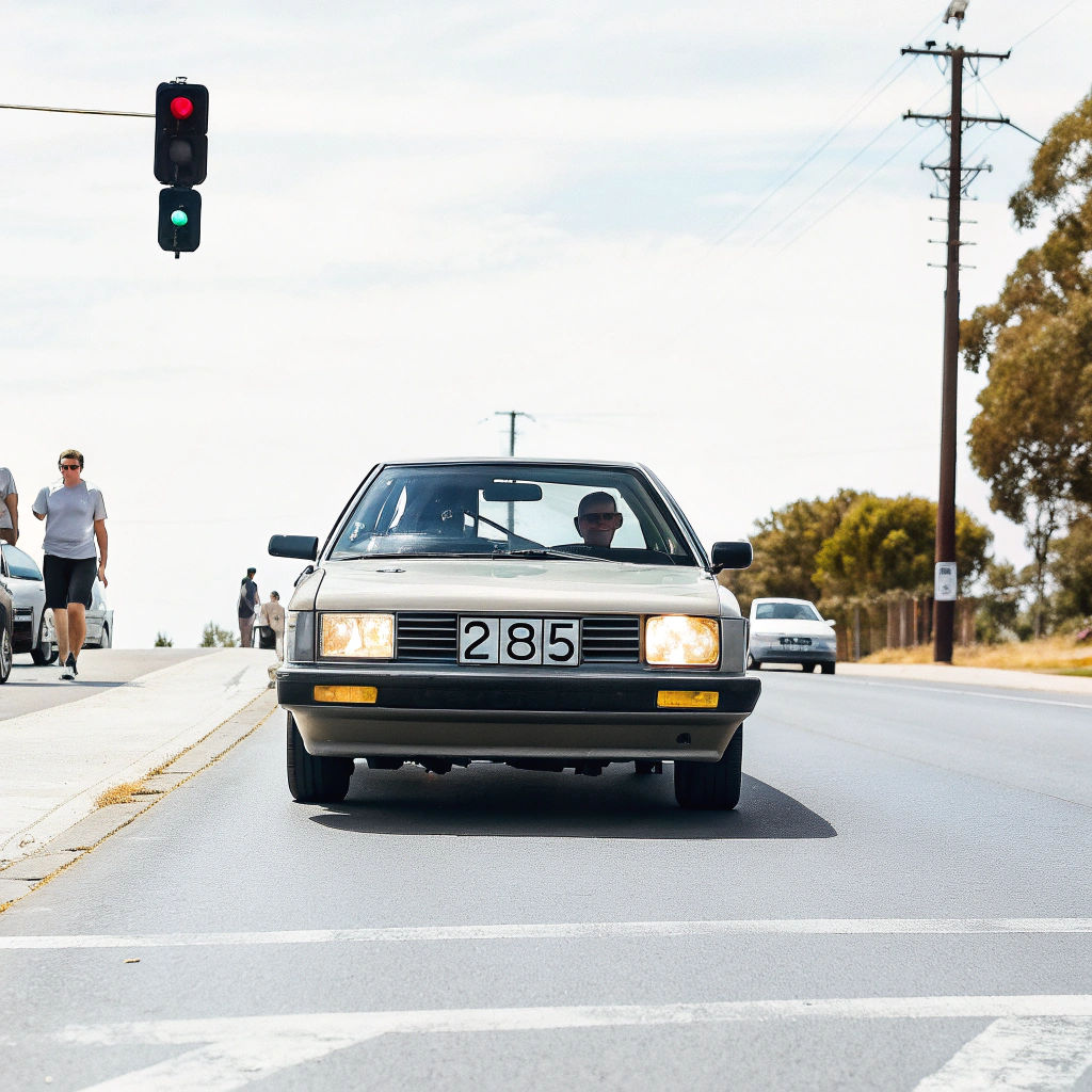 AI generated image by Red Panda AI: A car is waiting for the traffic light, and the traffic light is red, the license plate is  "235 AU8".