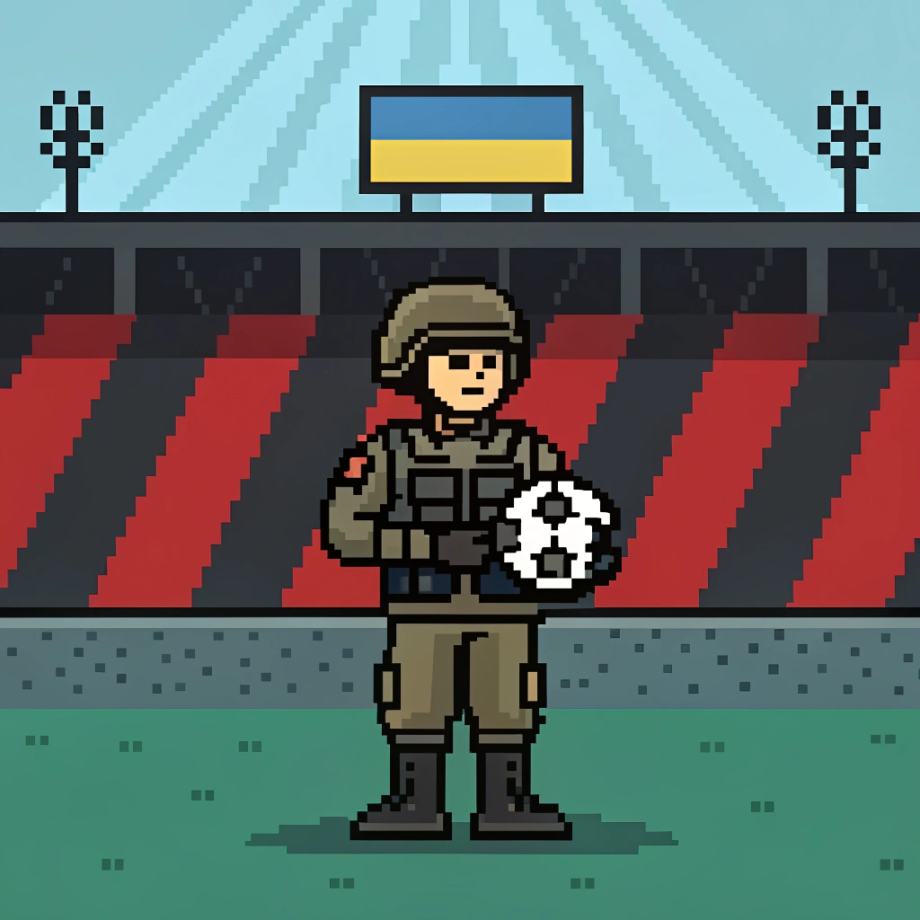 AI generated image by Red Panda AI: Військовий у піксельній формі українських збройних сил з м'ячем для гри в соккер на червоно чорному стадіоні