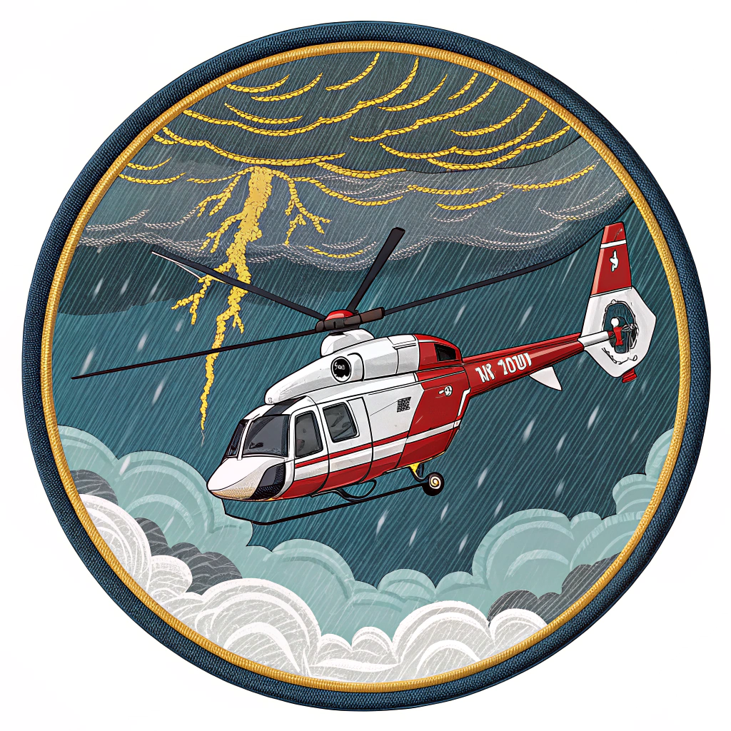 AI generated image by Red Panda AI: A round military patch with a red and white EC120 helicopter in the center. There is a thunderstorm around it with lightning and rain falling. The helicopter is caught in a vortex effect.