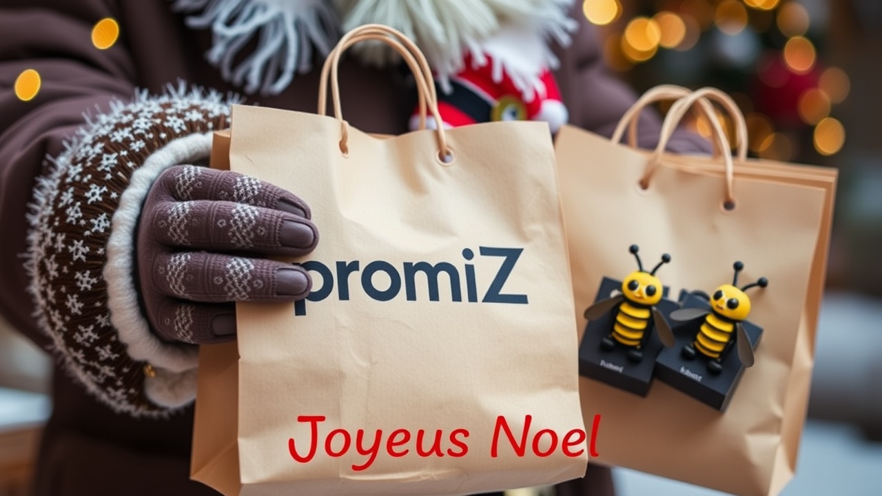 AI generated image by FLUX.1-schnell: Photo réaliste d'un gentil Père Noël distribuant des sacs en kraft avec le mot "promiZ" écrit sur le sac, entouré de petites abeilles robot avec des chapeaux de lutin, et les mots "Joyeux Noel" en bas.