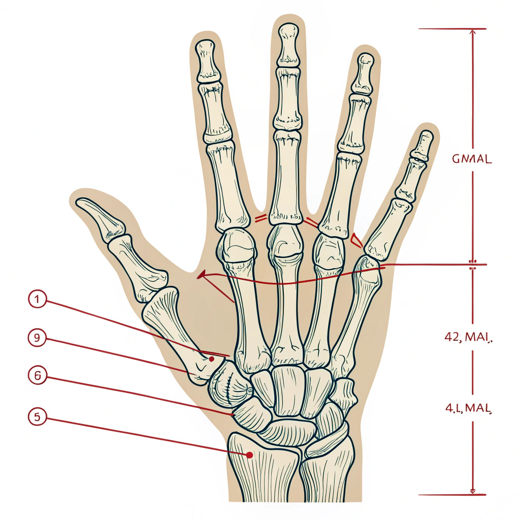 AI generated image by Red Panda AI: please create a hand diagram but with the anatomic bones replaced with simple lines and boxes, maintain the anatomic length and size of bones please