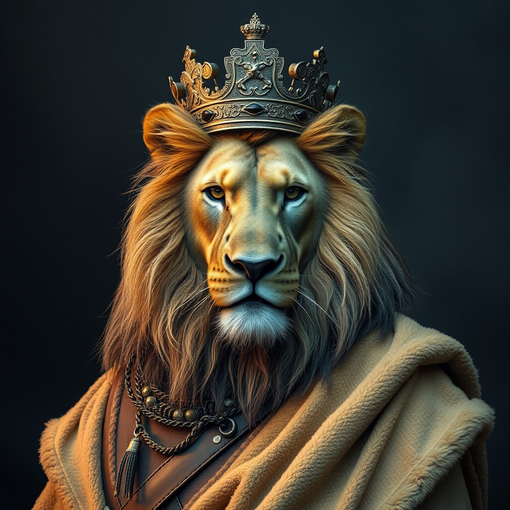 AI generated image by FLUX.1-schnell: A lion as soldier or a king 