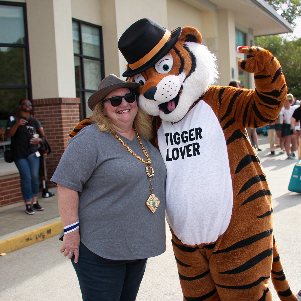 AI generated image by Red Panda AI: “Generate an original cartoon tiger character, not based on any existing character, with brown and dark-brown stripes in a friendly, playful children’s-storybook style.” And, give him gold chain, holding and dark sunglasses, wearing a fedora and smoking a menthol cigarette, with a white woman that is overweight.  The woman is wearing a shirt that clearly says "Tigger Lover"
