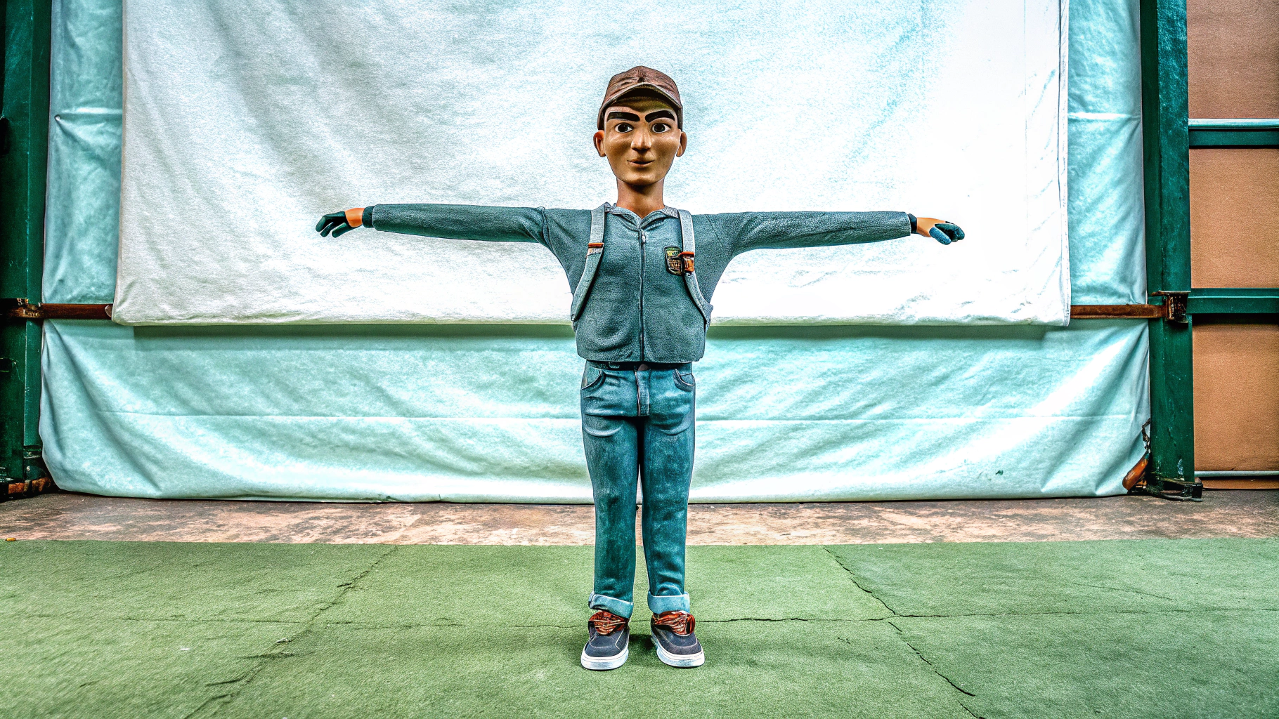 AI generated image by Red Panda AI: A stylized, cartoonish male character in a T-pose, inspired by the Subway Surfers art style, standing in front of a plain white background. The character is fully visible from head to toe, with arms extended horizontally to the sides and palms facing downward. The character features exaggerated proportions typical of a cartoony game, such as slightly larger head and hands, vibrant colors, and a fun, approachable appearance. He is wearing casual, modern clothing like sneakers, fitted jeans, and a hoodie or t-shirt, all designed with simple, clear textures and bold colors. The lighting is flat and even, ensuring every detail of the character's body and outfit is fully visible and ready for 3D modeling. The entire body, including fingertips and toes, is fully framed and clear. The background is pure white, with no additional objects or distractions


