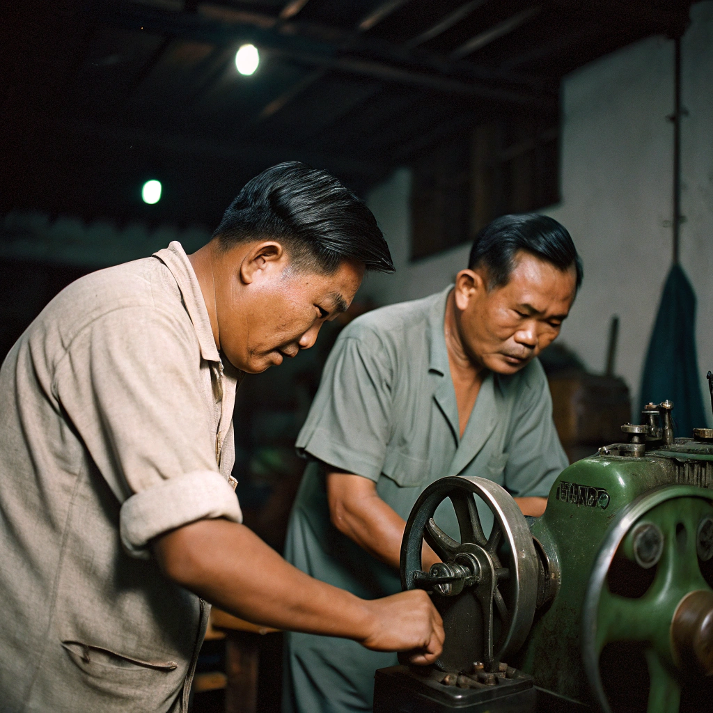 AI generated image by Red Panda AI: 
Fat Asian Thai men are working day and night. The image style is an old film camera image.