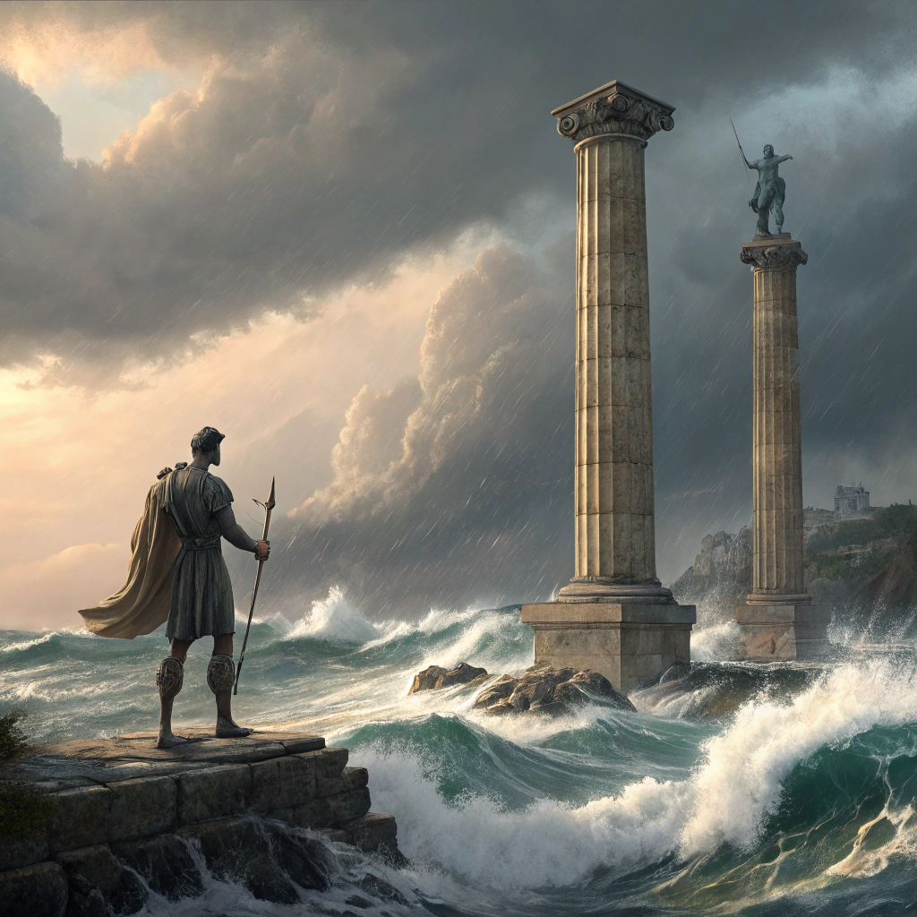 AI generated image by Red Panda AI: Crea una imagen de Hércules al estrecho de Gibraltar con dos grandes pilares en entorno bañado por un mar agitado y cielos dramaticos 