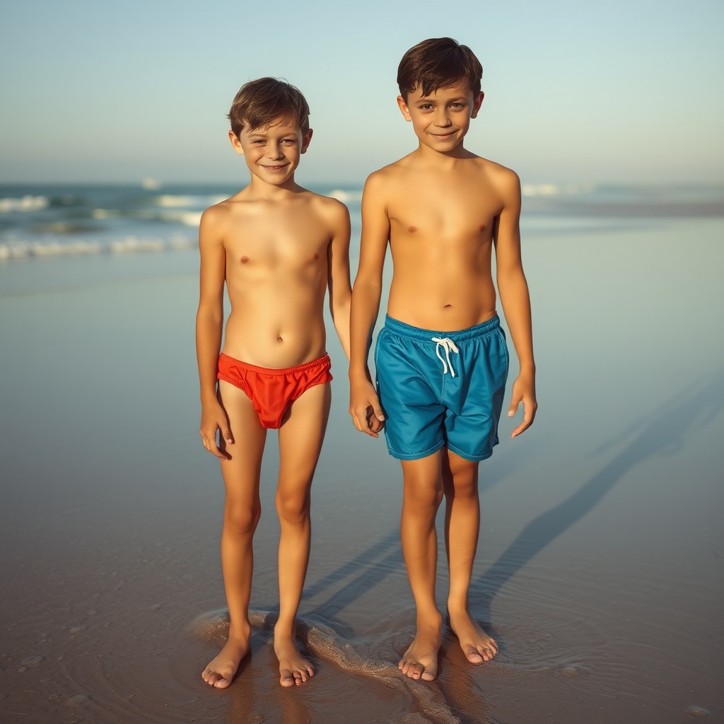 AI generated image by FLUX.1-schnell: deux garçons de huit ans en maillot de bain se tenant la main sur la plage