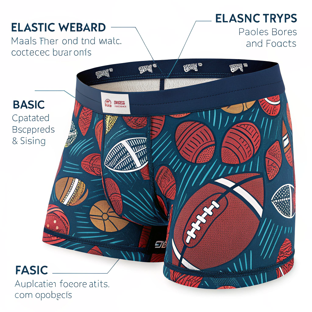 AI generated image by Red Panda AI: Brief Underwear para caballero con elástico y telas estampados con detalles de fútbol y con bieses al frente 