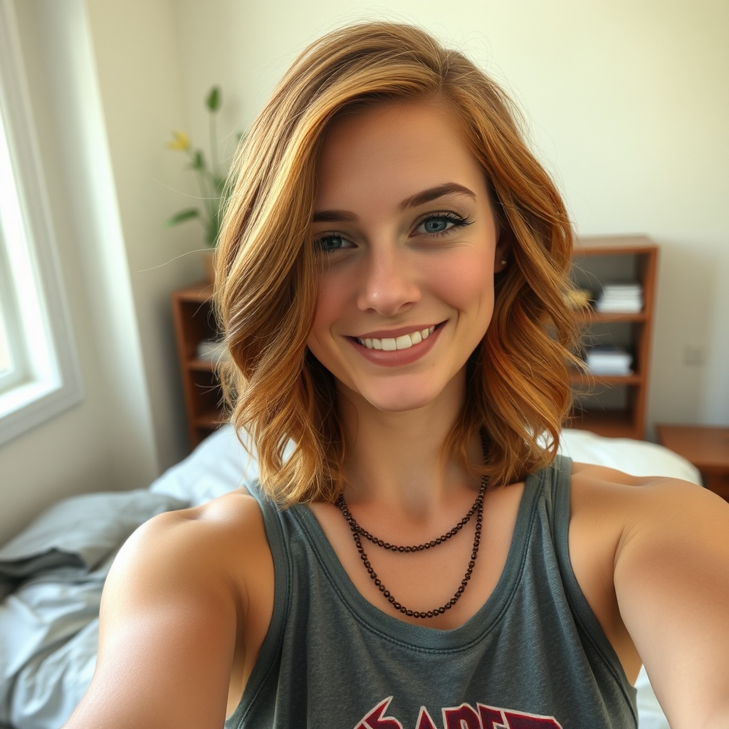 AI generated image by FLUX.1-schnell: An ultra-realistic smartphone selfie of a young woman in her mid-30s. The photo has the characteristic sharpness and vivid color of a high-end smartphone camera, with slight motion blur on one edge. The image is taken in natural daylight, causing mild overexposure on one side of her face. She has shoulder-length red-gold wavy hair with grown-out highlights, and wears minimal, everyday makeup with slightly smudged eyeliner. Her expression is a genuine, slightly lopsided smile with a hint of tiredness around her eyes. She's wearing a comfortable, well-worn tank top with a faded band logo. A thin beaded necklace is partially tangled in her hair near her collar. The background is a lived-in studio apartment, with an unmade bed and a small bookshelf visible. A houseplant with a few yellowing leaves sits on a windowsill behind her. There's a small coffee stain barely visible on the collar of her shirt.