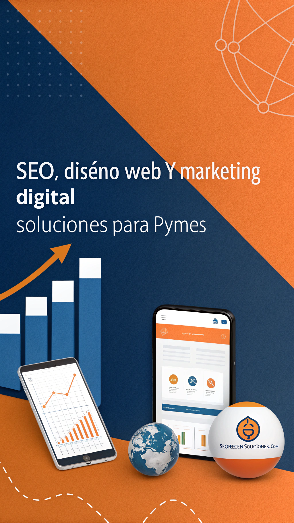 AI generated image by Red Panda AI: Fondo: Degradado profesional (azul corporativo y naranja energético).

Elementos: Un gráfico de barras en ascenso (como métricas de SEO), un teléfono móvil mostrando una página web optimizada, y un pequeño globo terráqueo con iconos de redes sociales.

Texto destacado: Superpuesto en fuente sans-serif bold, el título 'SEO, Diseño Web y Marketing Digital | Soluciones para PYMES'.

Estilo: Flat design, con sombras sutiles y líneas limpias. Incluir el logo de [seofrecensoluciones.com] en la esquina inferior derecha."**