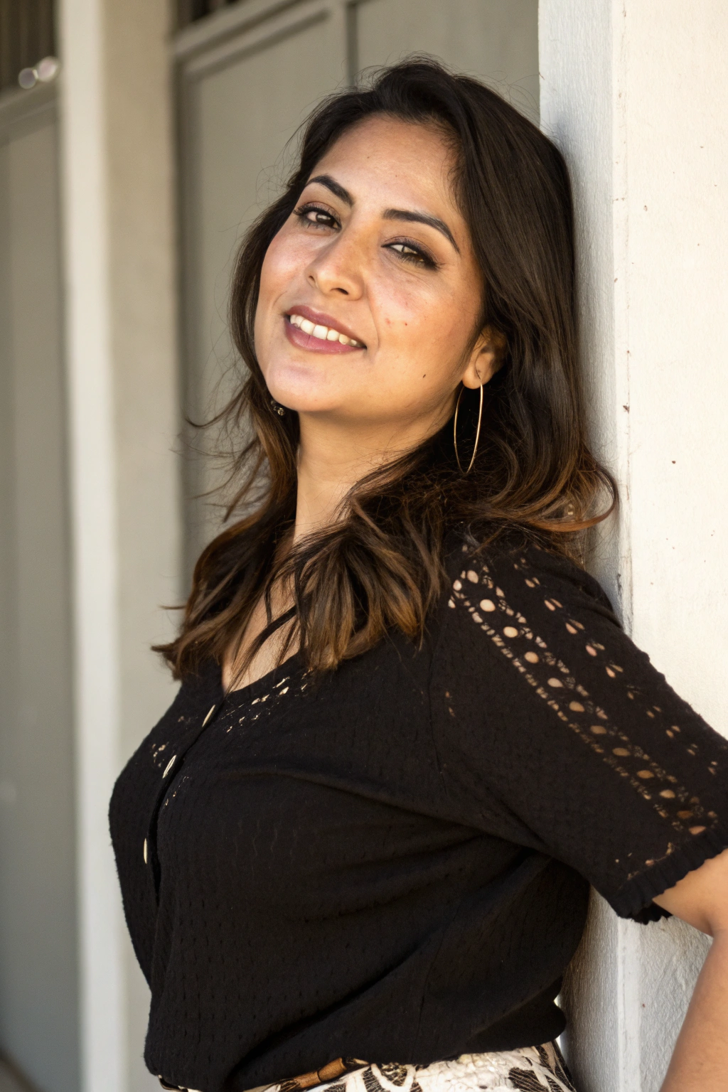 AI generated image by FLUX.1-schnell: A pretty latina woman in her 30s. She is standing in front of a simple background in good lighting