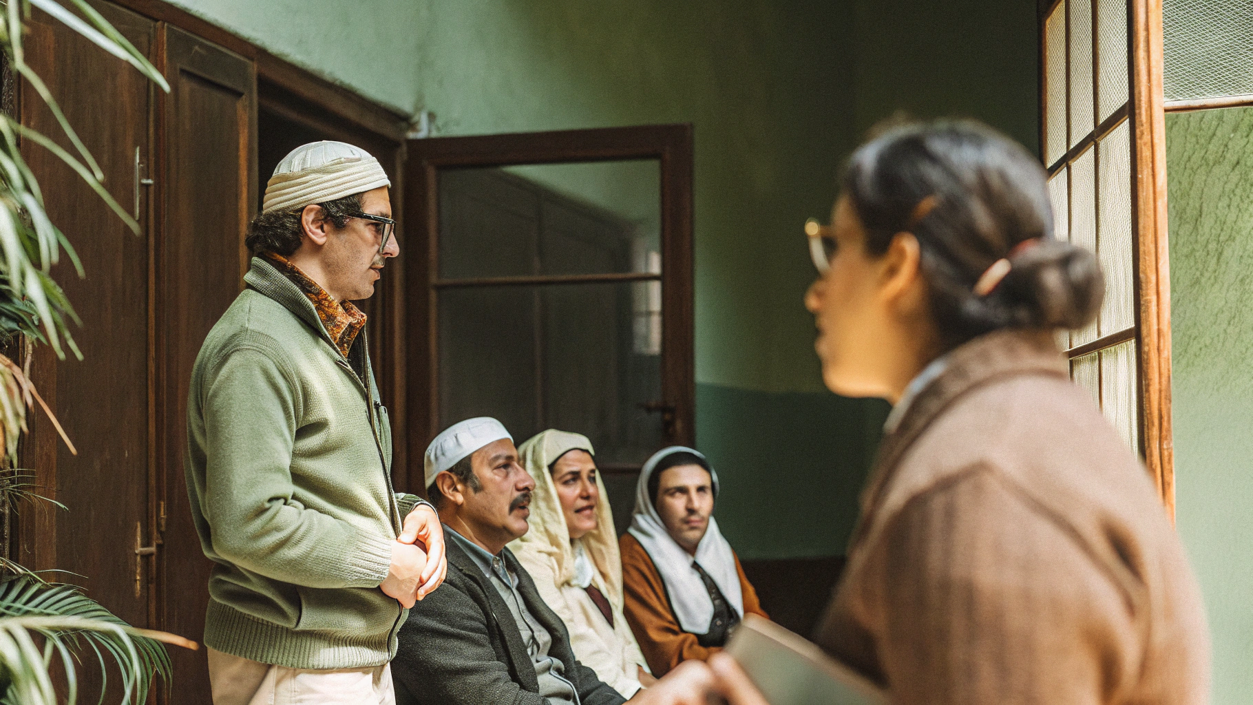 AI generated image by Red Panda AI: show me the left side of this room where a Gnostic group gathers sitting watching a person talking (not shown), the wall is not the central one but is a left side, there are men with turban in jewish and muslim style, there are veiled women in old jewish style and also men and women dressed as in 1970's, no crosses on the wall or any pictures hjust people sit watching right where a person is taliking 