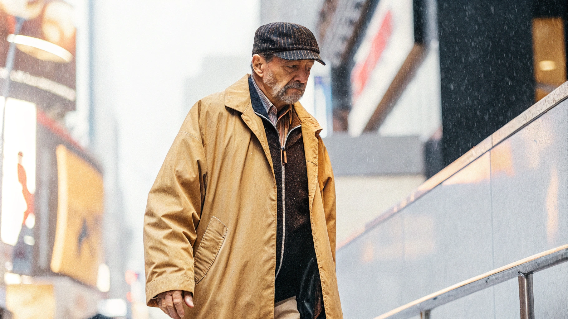 AI generated image by Red Panda AI: Old man walking in time square Garden. Rain. Medium shot. Frontal view.