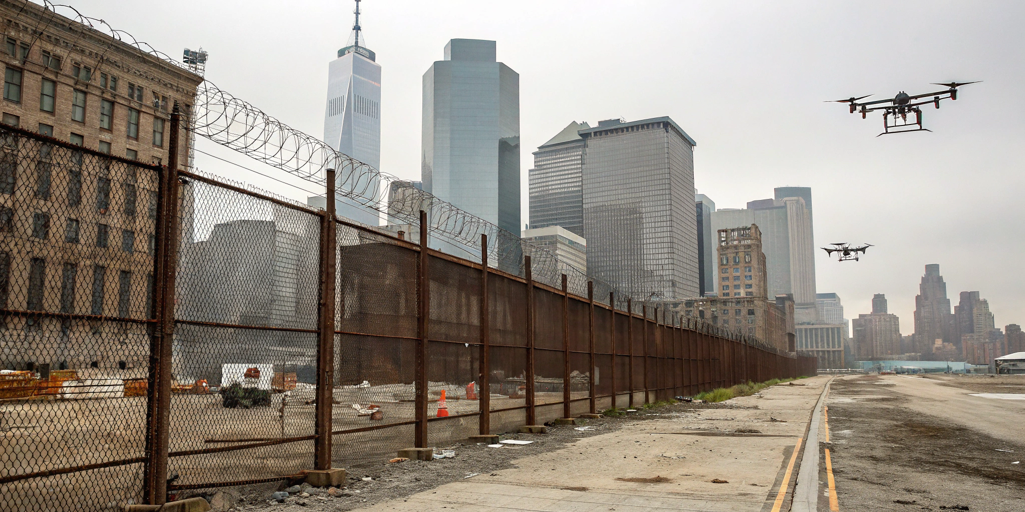 AI generated image by FLUX.1-schnell: A desolate urban landscape divided by a huge rusty fence. Both sides are zoned, with skyscrapers and unbreakable barriers between them. Watchdog drones are flying around