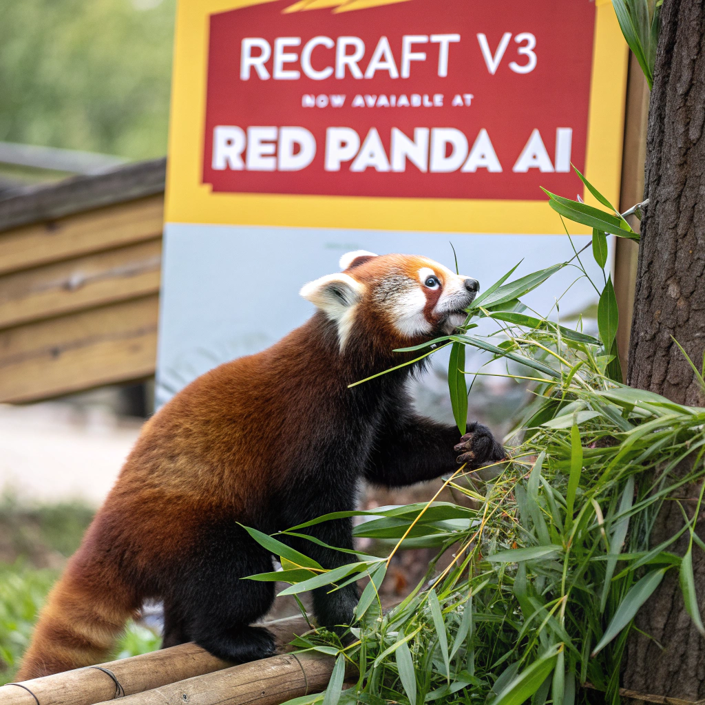 AI generated image by Red Panda AI: a red panda eating a bamboo in front of a poster that says "recraft V3 now available at red panda ai