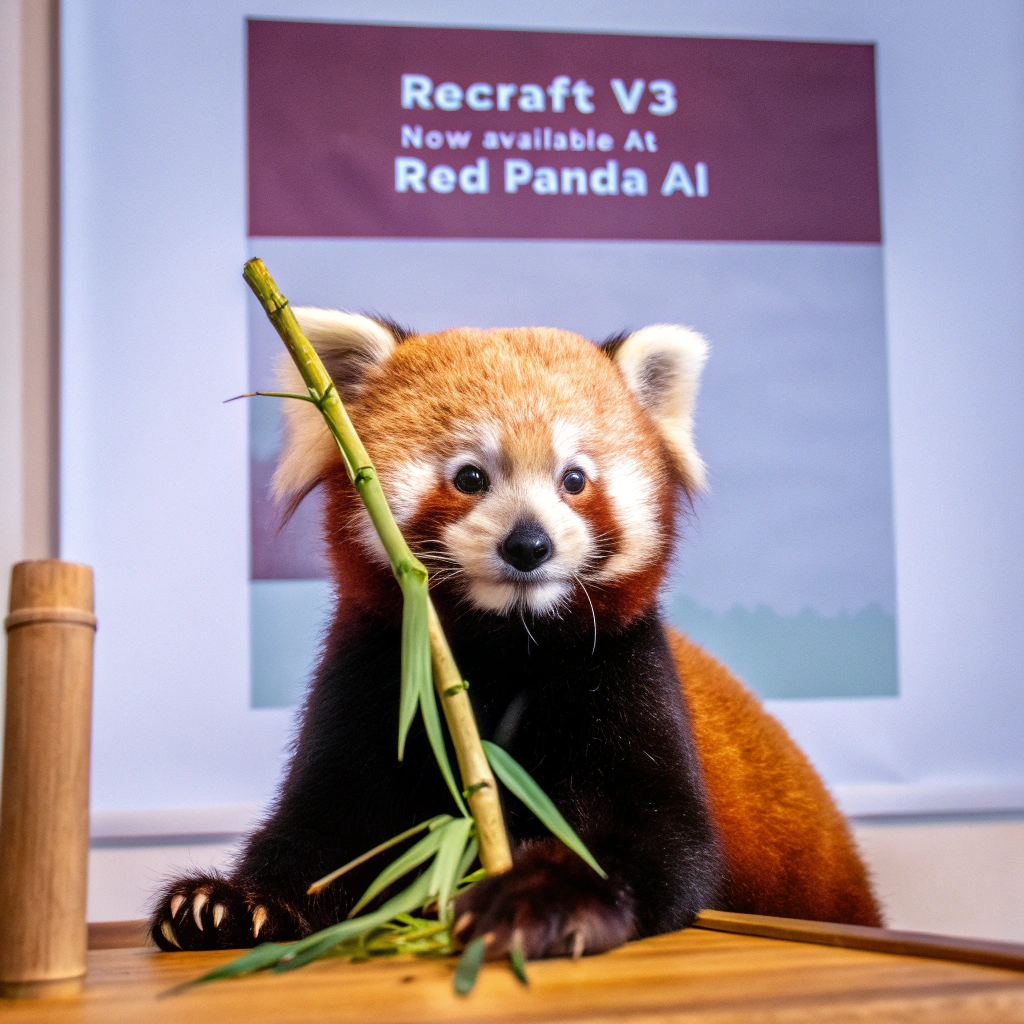 AI generated image by Red Panda AI: a red panda eating a bamboo in front of a poster that says "recraft V3 now available at red panda ai