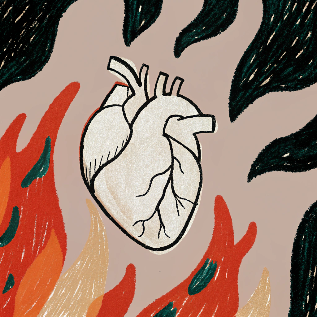 AI generated image by Red Panda AI: vector with shading of a human heart engulfed in flames in tattoo style, white on black background