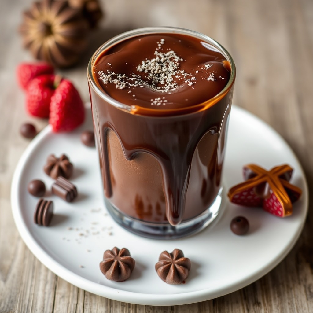 AI generated image by FLUX.1-schnell: TITULO XOCOPRAT. CHOCOLATE LIQUIDO POR ALREDEDOR CON ESTILO NAVIDEÑO, COLORES MARRONES.