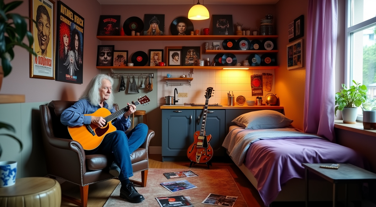 AI generated image by FLUX.1-pro: Interior photography of a cozy small apartment for elderly, styled in vibrant 80s-90s rock n roll aesthetic. A vintage electric guitar rests against the wall near a comfortable single bed with classic rock band posters above it. The compact 25m² space features a kitchenette with retro-colored shelving units in warm tones. An elderly person with long gray hair sits in a comfortable armchair, strumming an acoustic guitar. The room is decorated with vinyl records on the walls, vintage concert tickets, and band memorabilia from the 80s and 90s. Natural light streams through the window, illuminating worn leather accents and classic rock magazines scattered on a small side table. The color palette includes deep purples, classic rock 'n' roll blacks, and warm wood tones, creating a personal museum of rock history while maintaining a comfortable living space for a senior resident. The lighting is warm and inviting, with a small pendant lamp casting a cozy glow over the scene. Photorealistic style, shot with a wide-angle lens to capture the entire compact space.