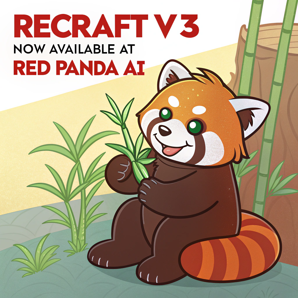 AI generated image by Red Panda AI: a red panda eating a bamboo in front of a poster that says "recraft V3 now available at red panda ai
