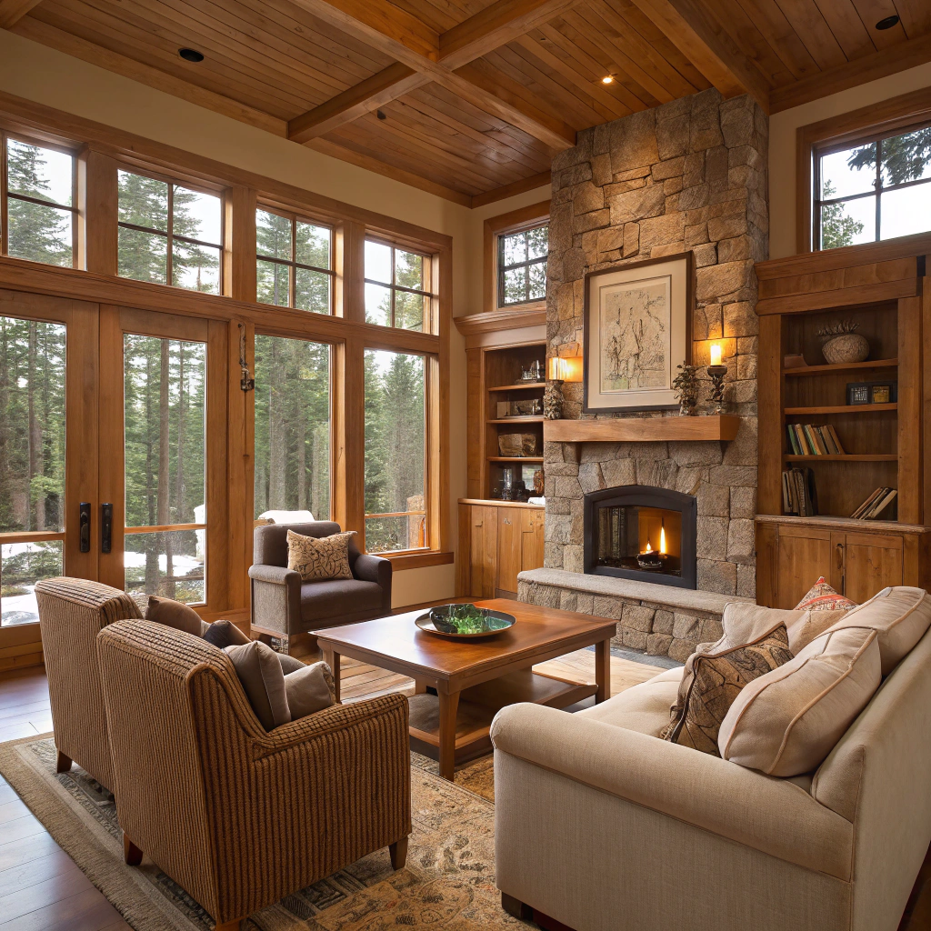 AI generated image by Red Panda AI: Erstelle ein gemütliches Wohnzimmer mit klaren Konturen, Holzmöbeln wie von grueneerde.com,  in dem man sich wohlfühlt