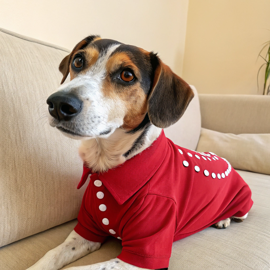 AI generated image by Red Panda AI: el rostro de un perro ablandole a la camara con camisa roja y 3 puntos blancos a un lado del pecho y esta acostado y sentado a la vez en un sillon beige
