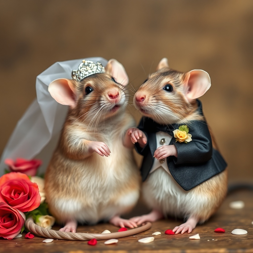 AI generated image by FLUX.1-schnell: Photo of a cute rat wedding
