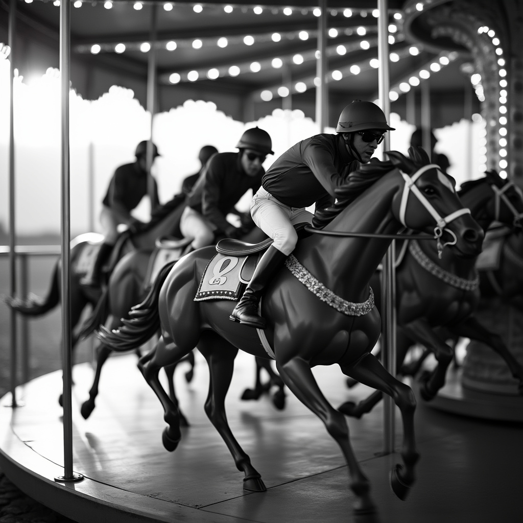 AI generated image by FLUX.1-pro: A closeup black and white photo of jockeys riding carousel. The race contest is very intense and dramatic. Depth of field. Motion blur. Backlight 