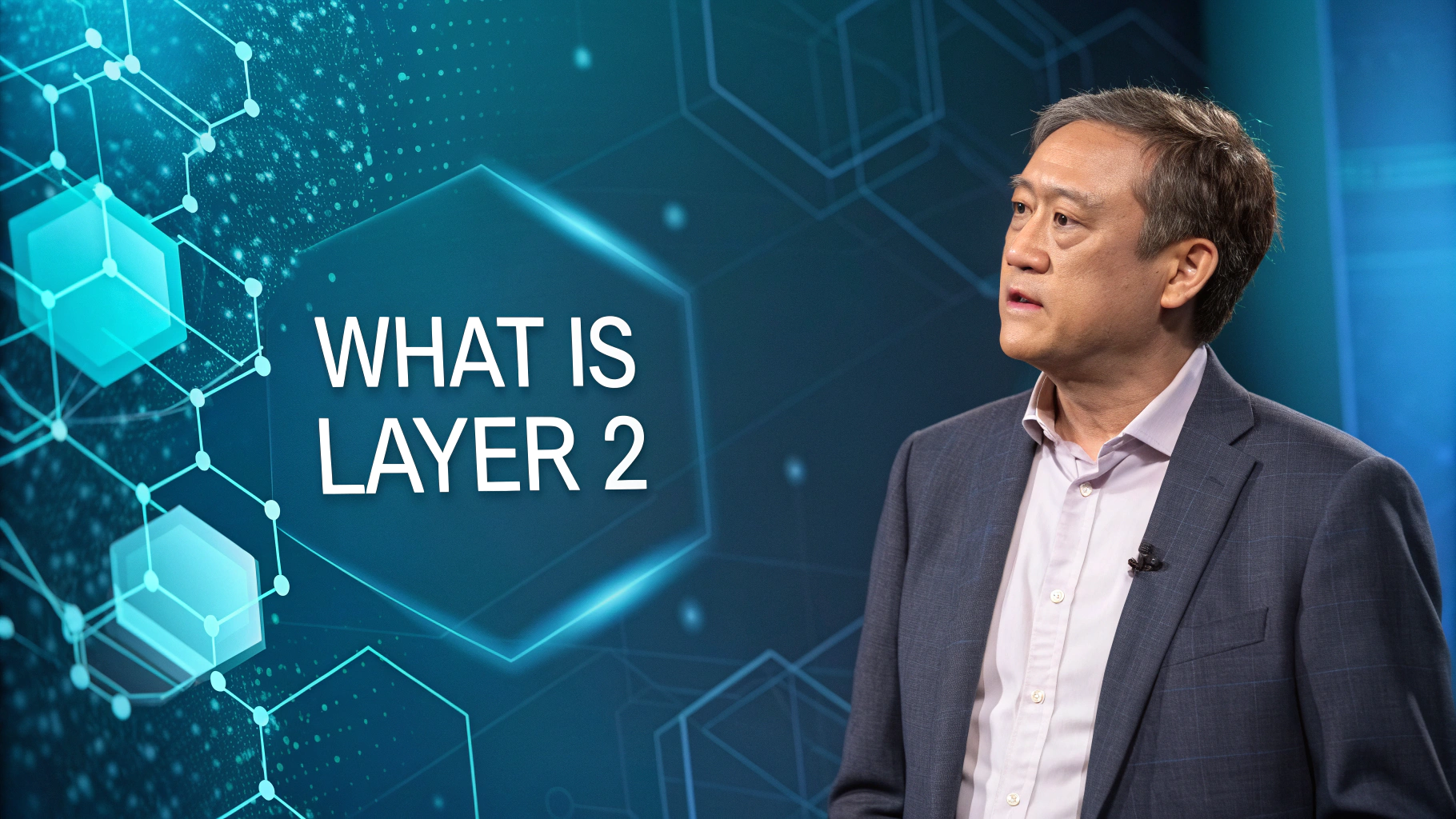 AI generated image by Red Panda AI: Futuristic banner for a blogpost, with advance metal colors and background of blockchain elements, in a tech article style. Median size title “What is Layer 2".
