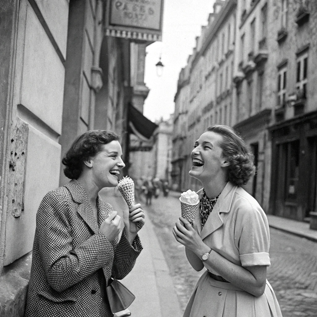 AI generated image by FLUX.1-schnell: A vintage photographs in blck and white of 2 pretty  women laughing while eating gelato in a traditional Paris street. nostalgic feel, heavy grain with some chromatic aberration. 