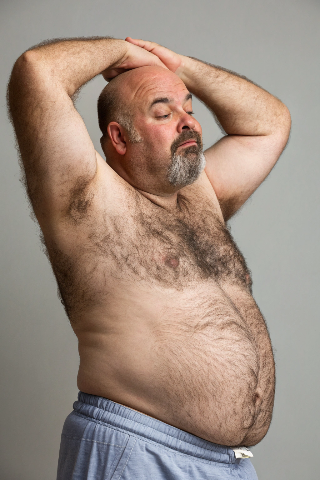 AI generated image by Red Panda AI: a studio photo of a slightly overweight 50 year old hirsute man stretching. Man has heavy amount of body hair, hairy chest pattern, expanding his bloated heavy bearded-belly, bald head, white goatee