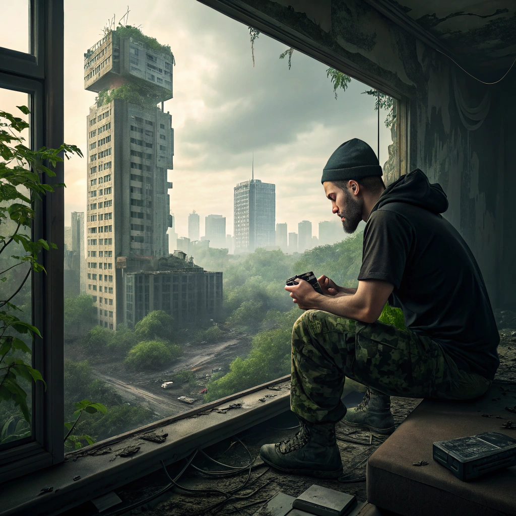 AI generated image by Red Panda AI: dmz comic inspired realist art of a 35 years old guy using dccu camouflage pants, beanie and a black t-shirt playing mega drive inside a high rising apartment in a city destroyed by civil war in a southeastern asian fictional island country. Melancholy, sadness, nature decay, heavily forest green, cyberpunk colors. based on 
